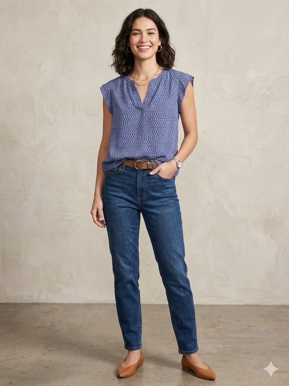 Willi Smith Blue Patterned Cap-Sleeve Top